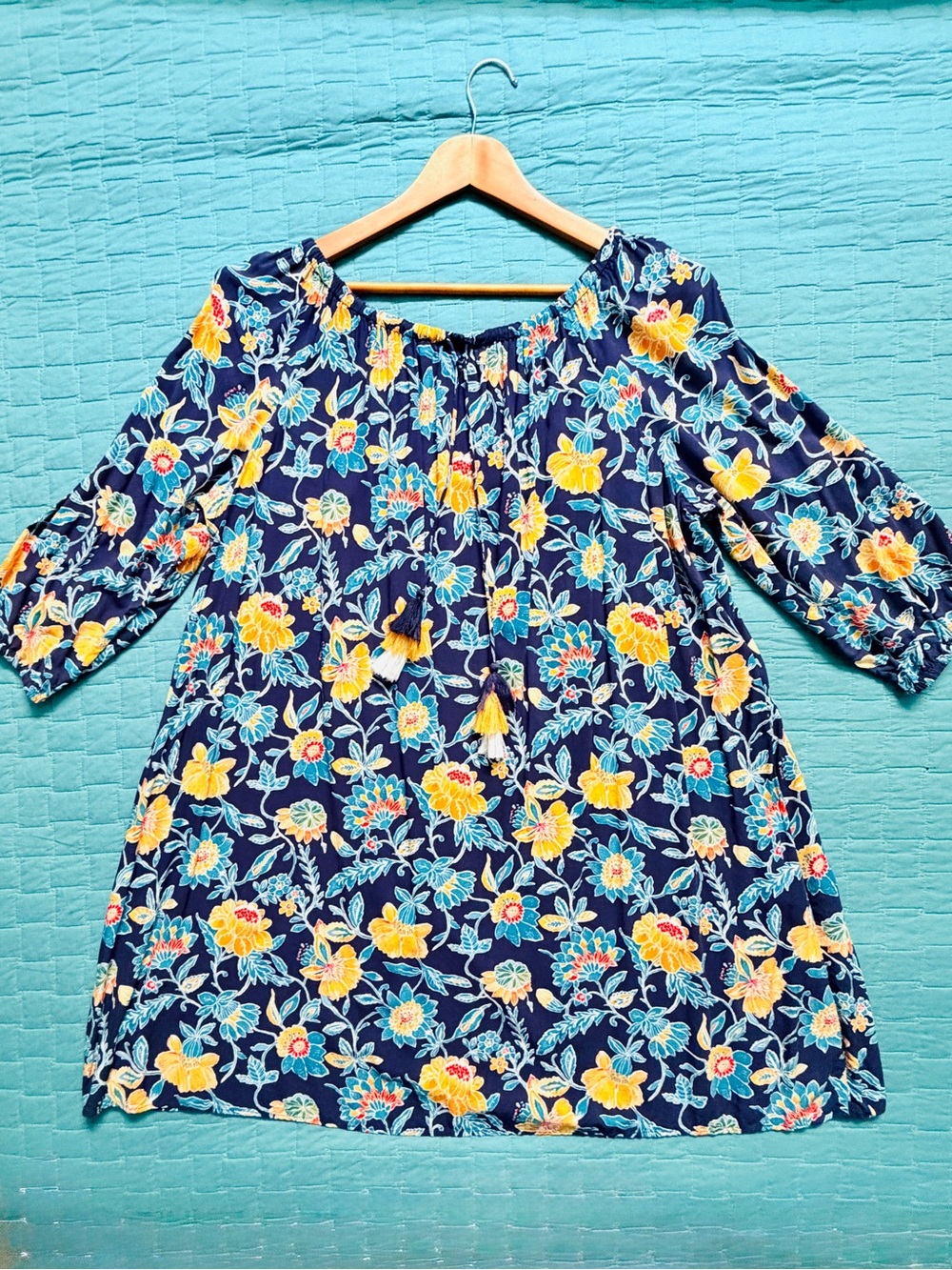 LOFT Beach Blue Floral Beach Coverup/Dress with Tassels